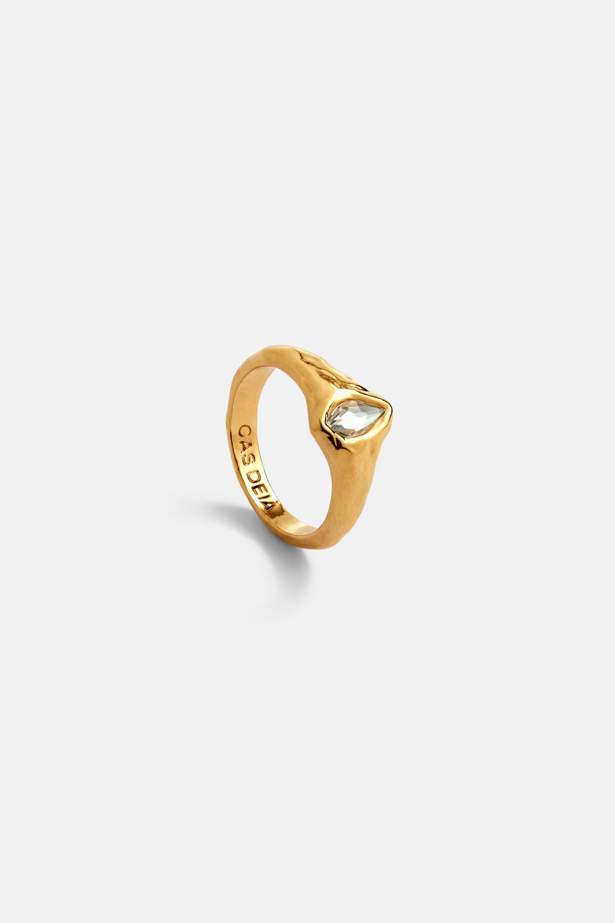 CAS DEIÀ GOTA RING CLEAR CRYSTAL, handcrafted ring with a gold finish, side view
