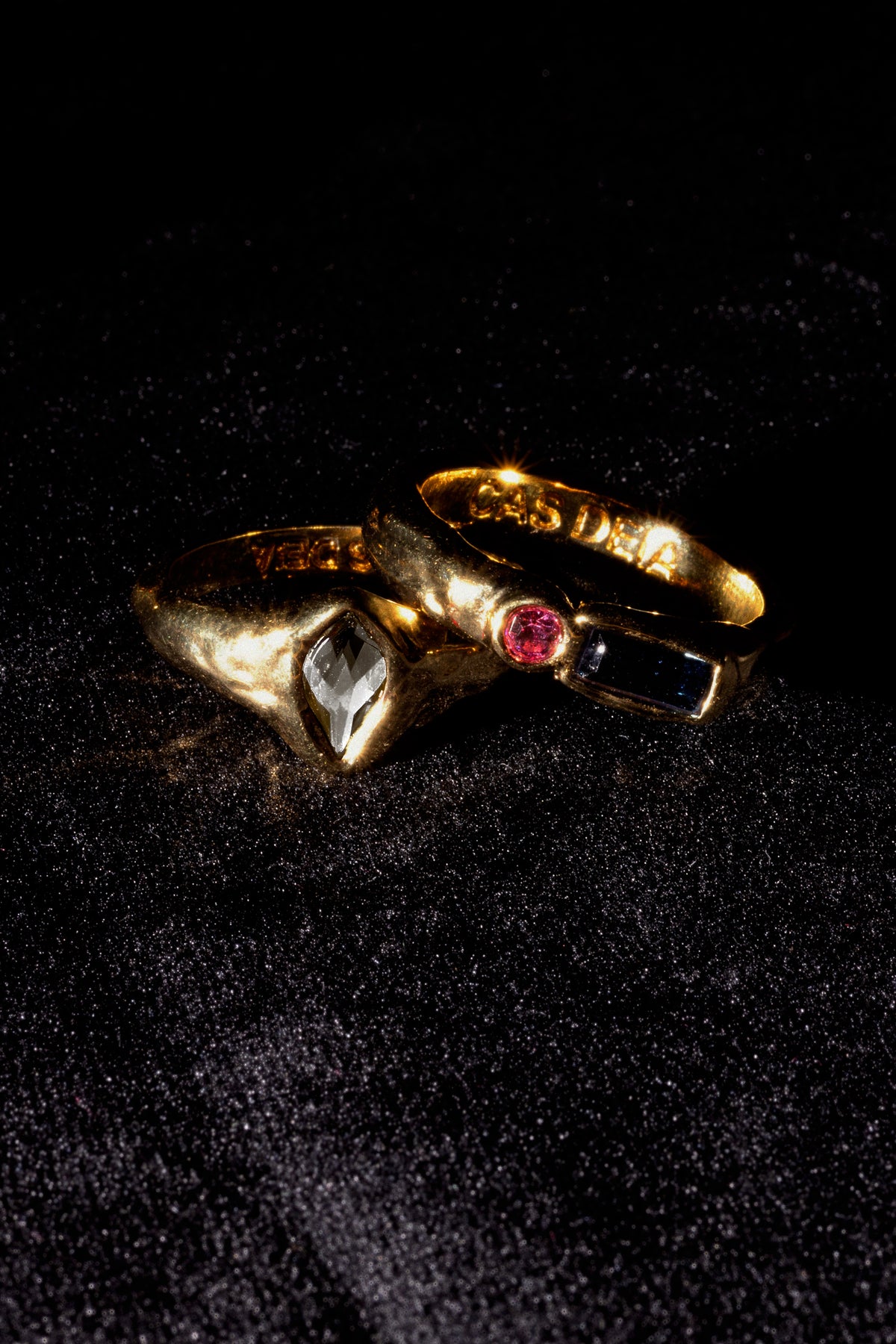 CAS DEIÀ GOTA RING CLEAR CRYSTAL with other CAS DEIÀ rings, gold finish