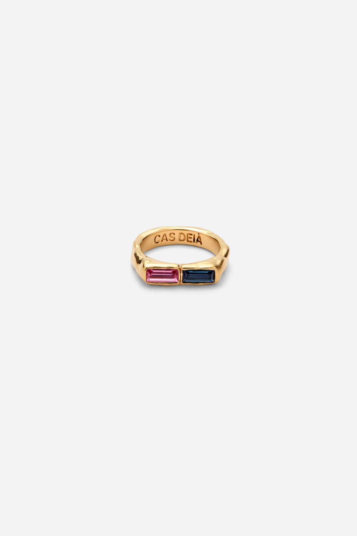 CAS DEIÀ 2 BAGUETTE RING PINK & BLUE, handcrafted ring with a gold finish
