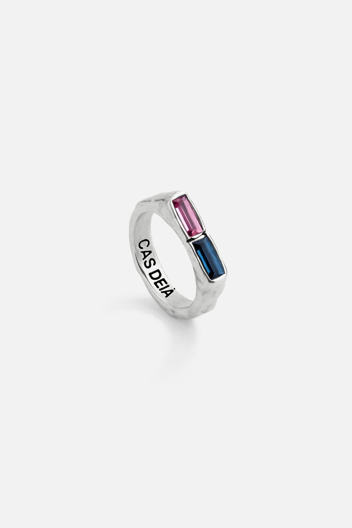 CAS DEIÀ 2 BAGUETTE RING PINK & BLUE, handcrafted ring with a silver finish, side view