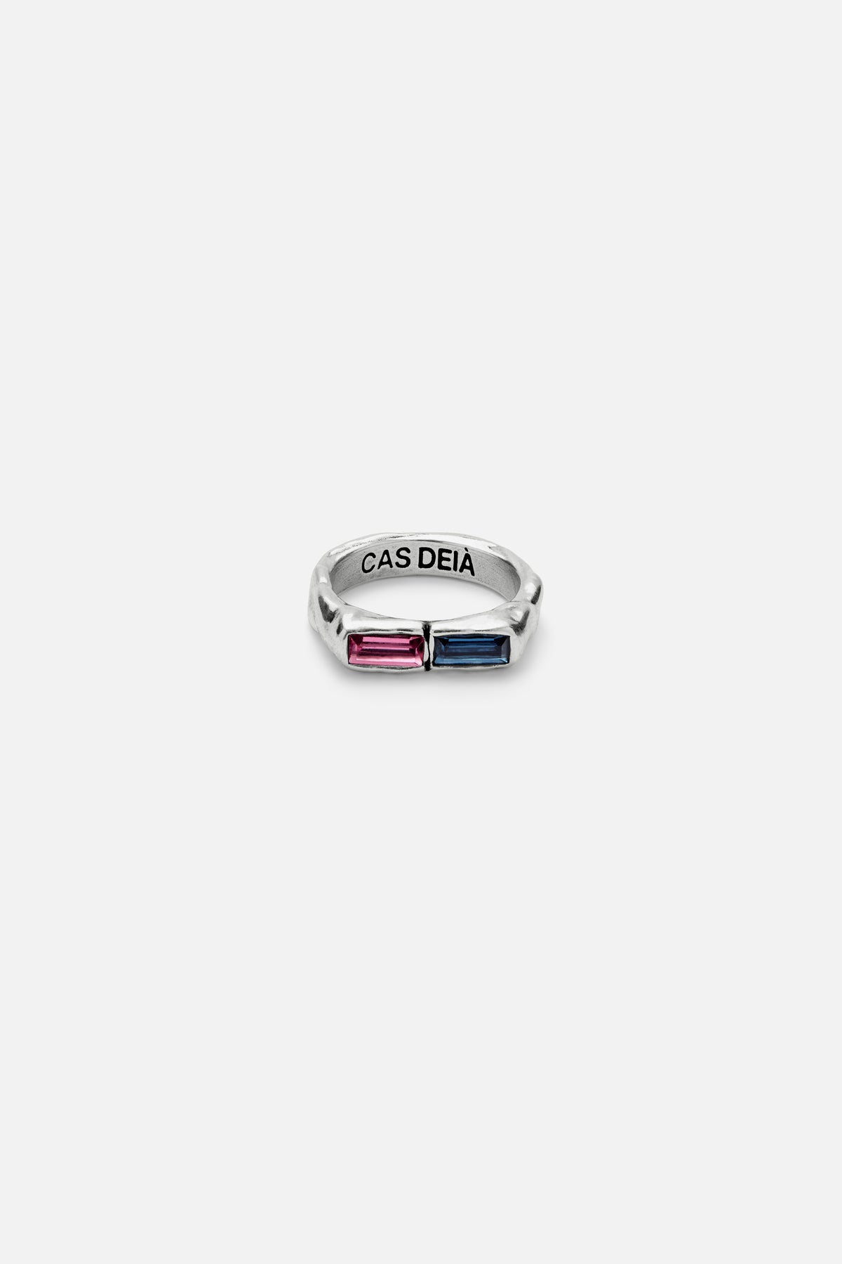 CAS DEIÀ 2 BAGUETTE RING PINK & BLUE, handcrafted ring with a silver finish