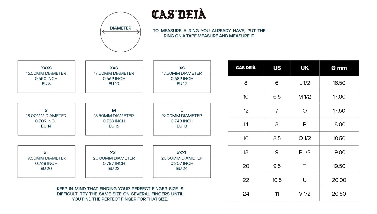 CAS DEIA size guide