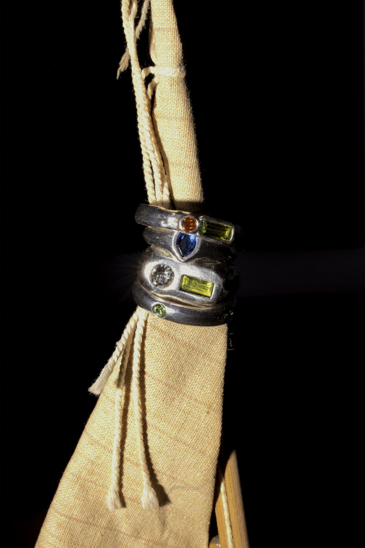CAS DEIÀ COSTA RING OLIVE GREEN with other CAS DEIÀ rings, silver finish
