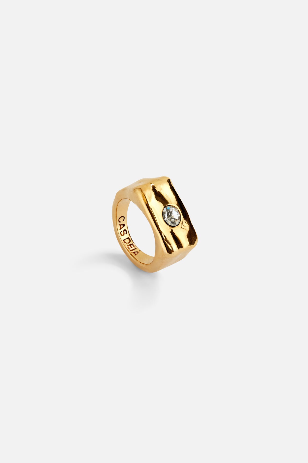 CAS DEIÀ ROCA RING CLEAR CRYSTAL, handcrafted ring with a gold finish, side view