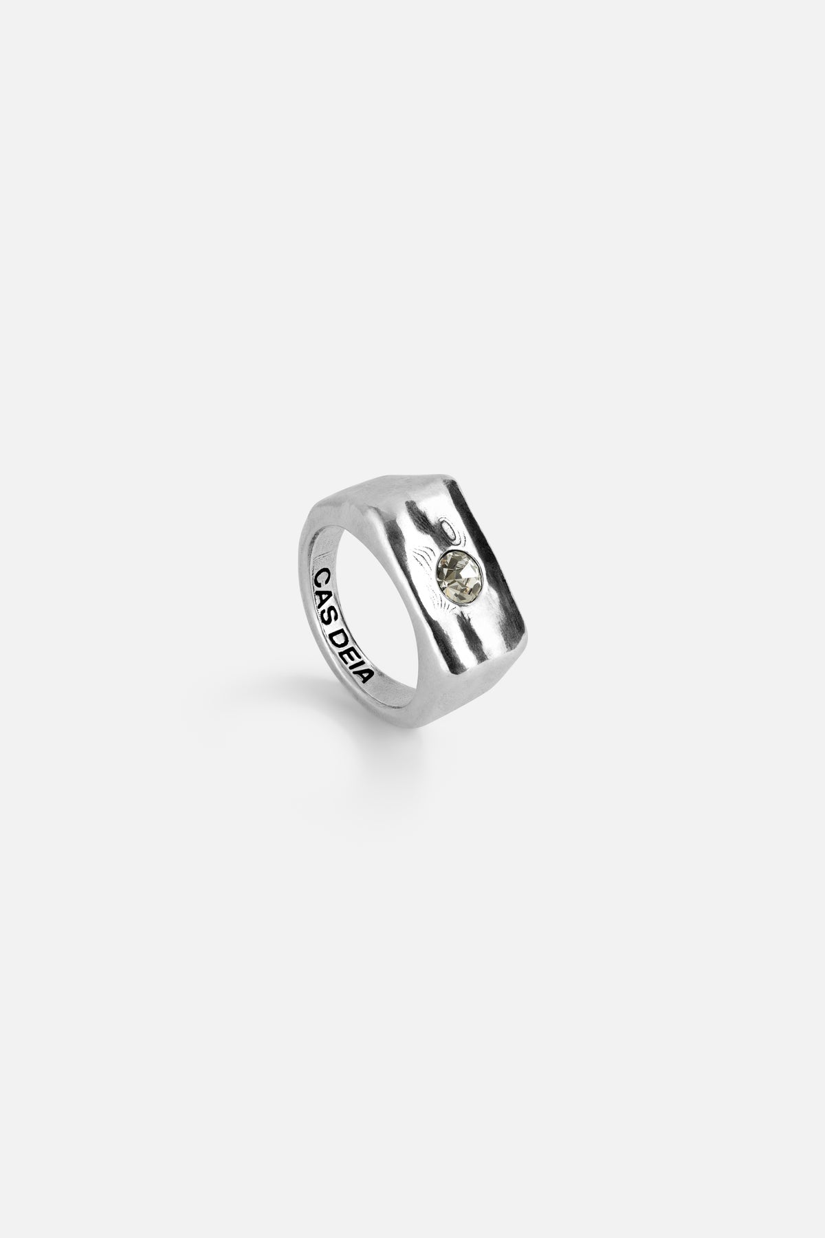 CAS DEIÀ ROCA RING CLEAR CRYSTAL, handcrafted ring with a silver finish, side view
