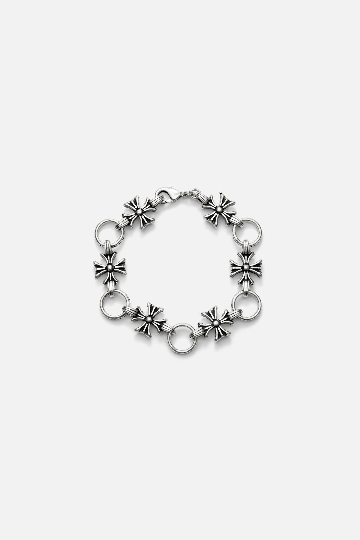 CAS DEIÀ LA CRUZ BRACELET, handcrafted bracelet with crosses and rings and a silver finish
